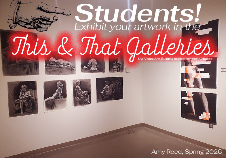 A gallery wall displaying charcoal drawings with large call for student art exhibition submissions.