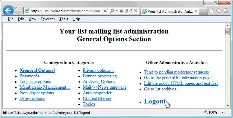 General Options - Privacy Options browser window