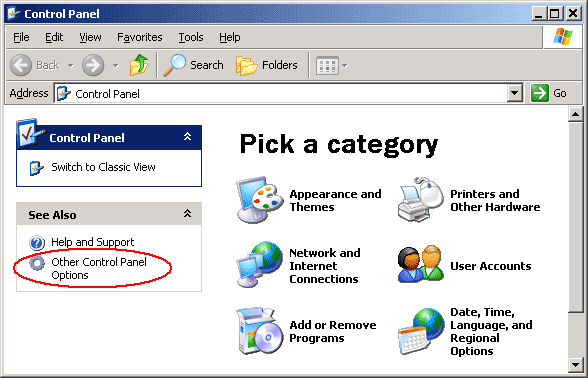 Control Panel window, Other Control Panel Options selected