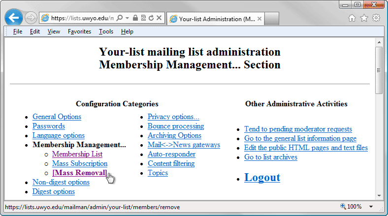 Mailman List Administrator Authentication browser window