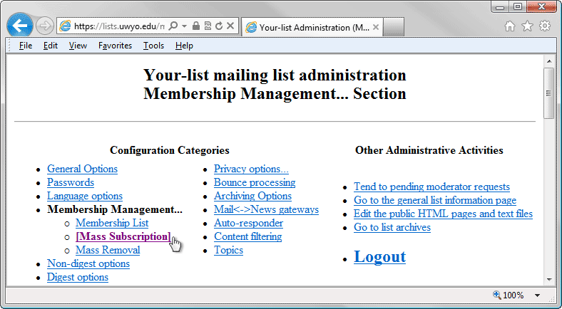 Mailman List Administrator Authentication browser window