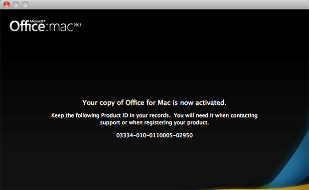 Your copy of Office for Mac is now activated window