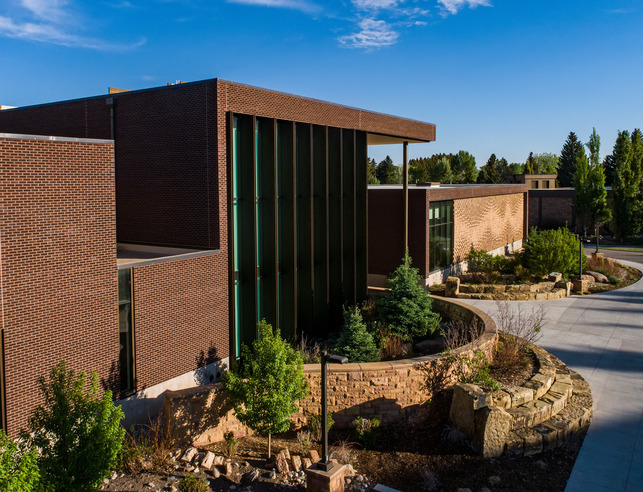 Aerial view of the outside of the Buchanan Center for the Performing Arts Building