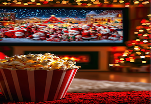 Photo of popcorn in front of pine tree with lights