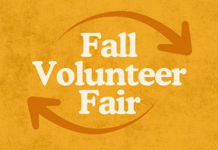 Fall Volunteer Fair in white text on an orange backgruond with circular arrows