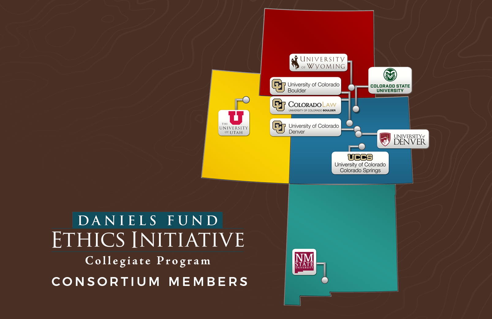 A map overlaid with member school information including: Colorado State University, New Mexico State University, University of Colorado Boulder, University of Colorado Colorado Springs, University of Colorado Denver, University of Colorado Law School, University of Denver, University of Utah, University of Wyoming