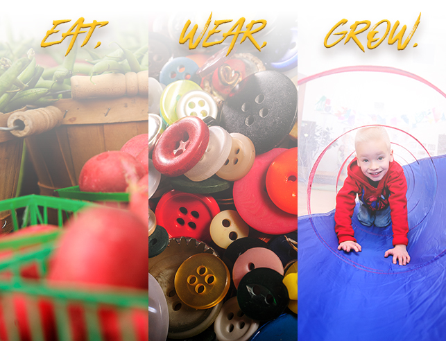 buttons, food, and a child representing the three disciplines of family and consumer sciences with our slogan: eat, wear, grow.