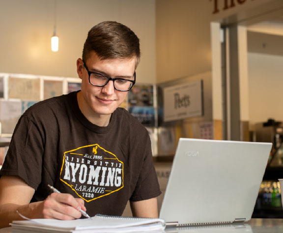 Student working at laptop with notebook