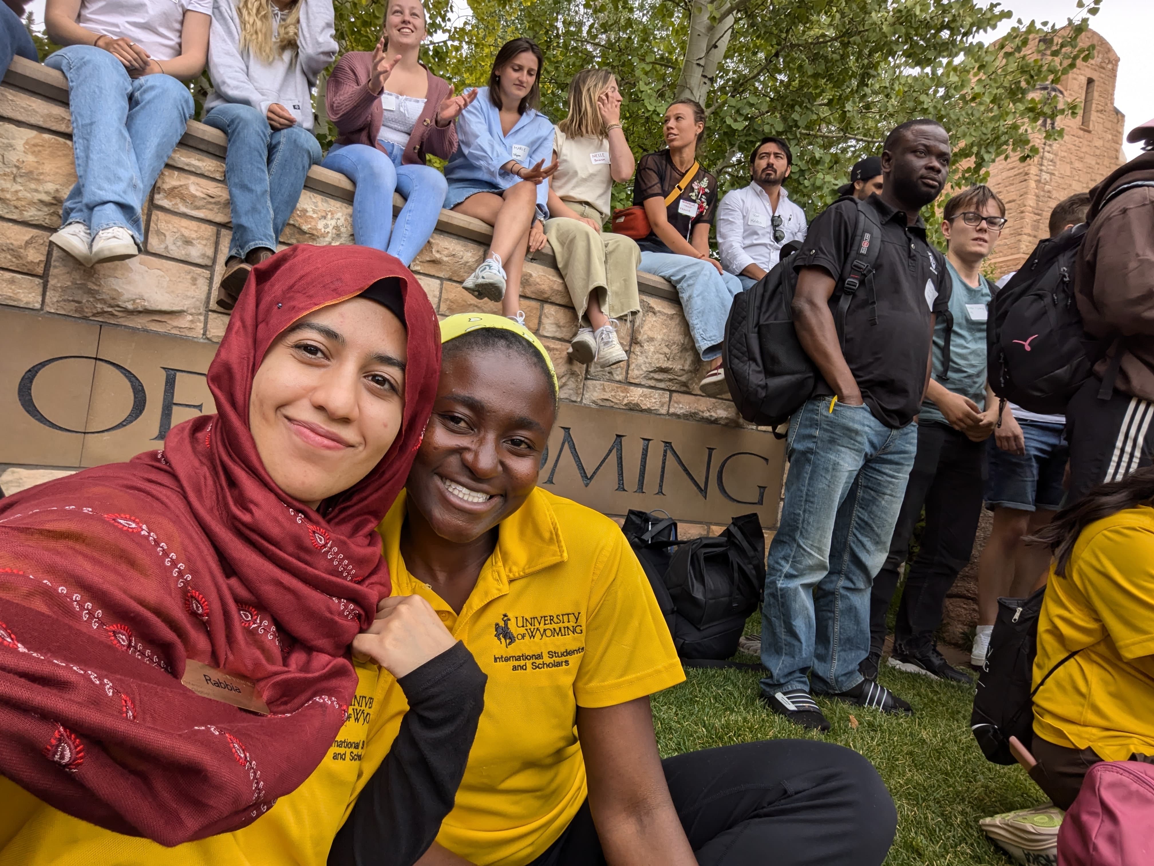 students on a float with flags