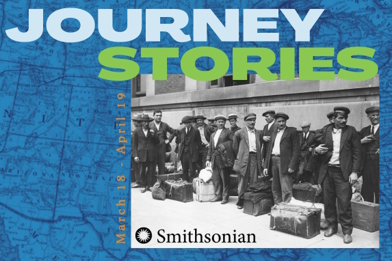 people standing waiting for a bus or train to go somewhere with suitcases and bags (black and white image). Smithsonian logo and text that reads Journey Stories
