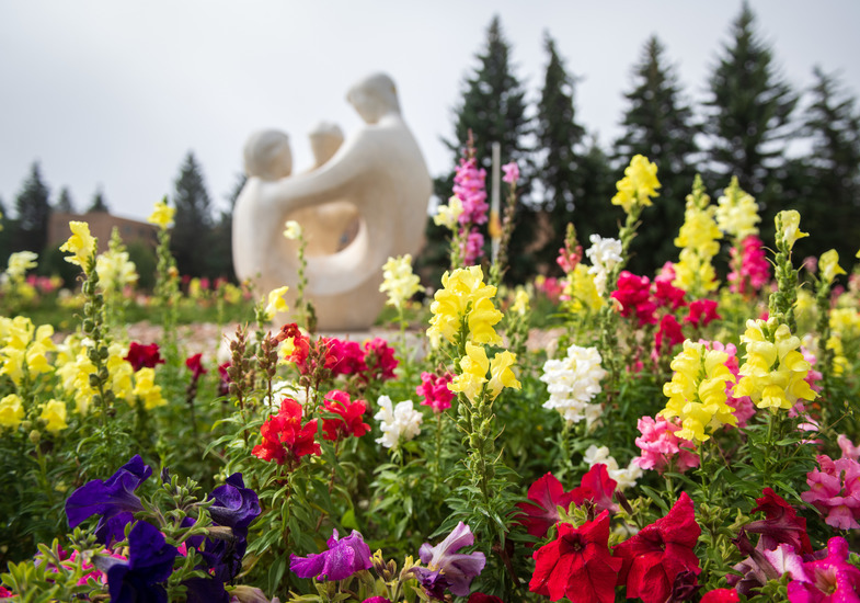 Vibrant, colorful flowers in front of a white statue.