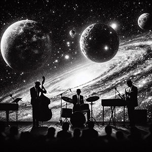 silhouettes of three musicians against a black and white background of stars, planets and galaxies