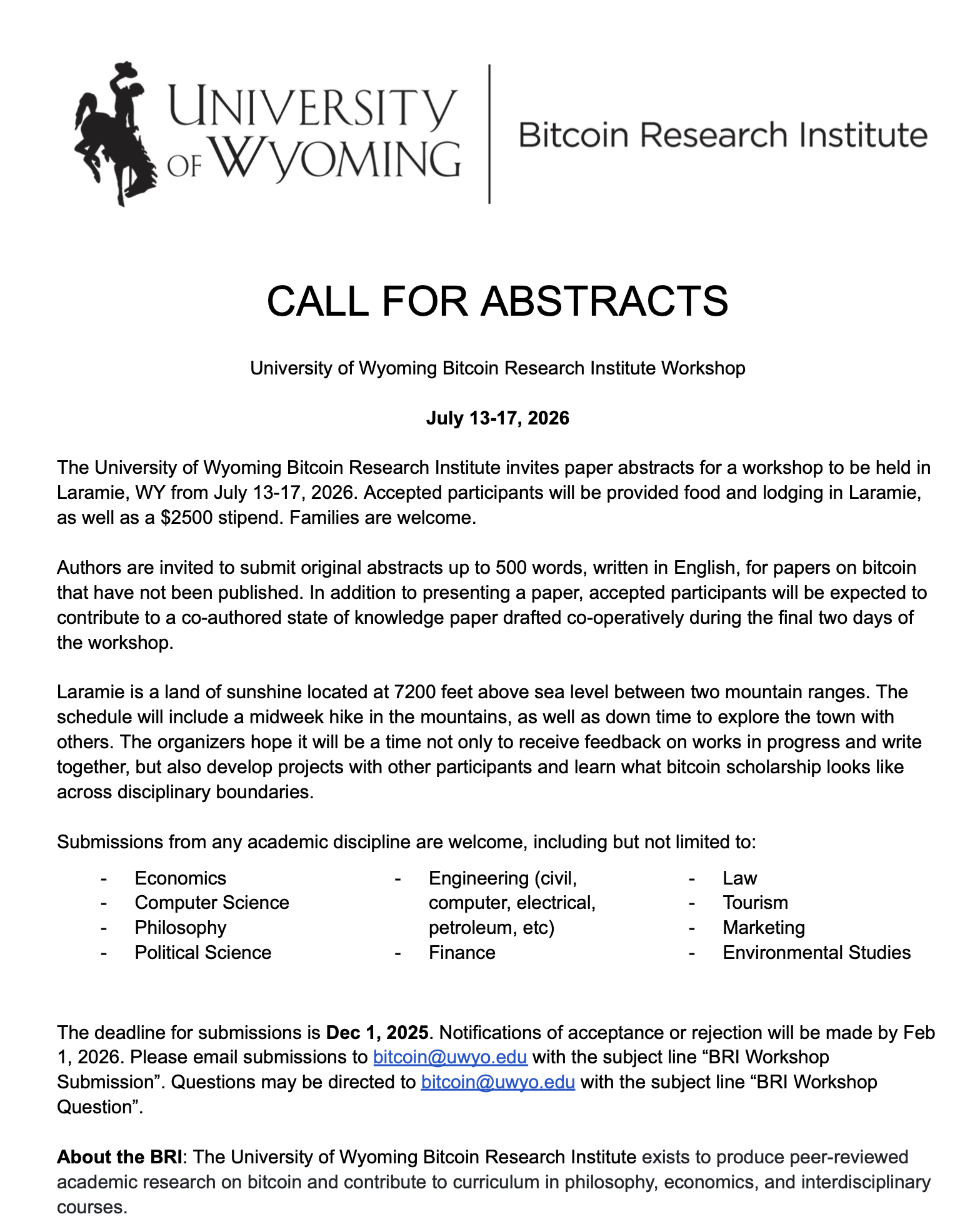 Call for Abstracts for BRI Workshop Call for Abstracts for BRI Workshop