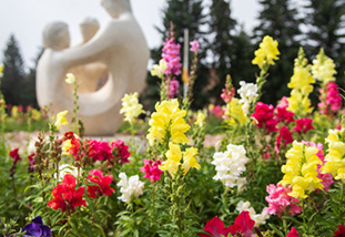 Flowers and statue in Prexy's Pasture