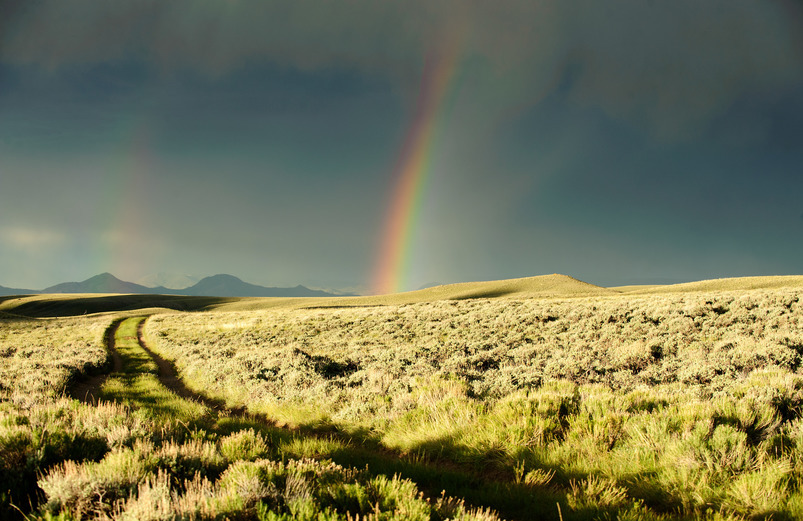 A rainbow in a stormy sky on the Wyoming prairie.