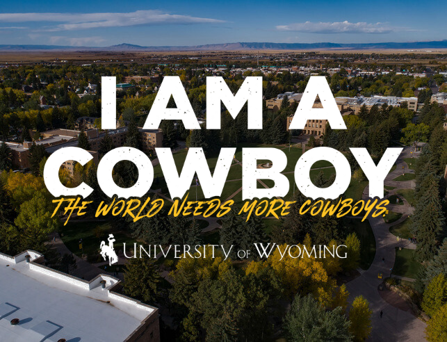An aerial shot of Prexy's Pasture with the words "I Am A Cowboy University of Wyoming" on the top of the photo