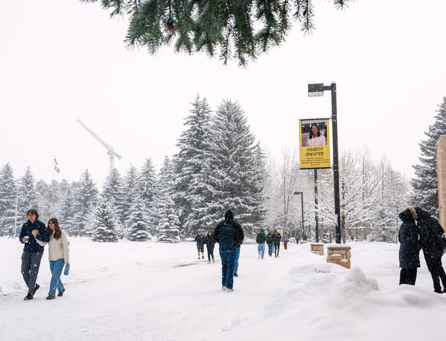 Students walking in the snow on campus