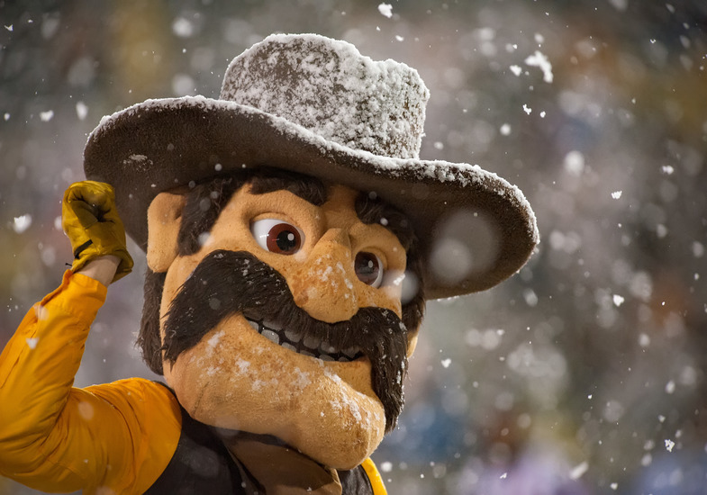 Photo of Pistol Pete in the snow.