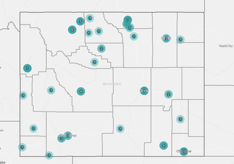 Online map of Wyoming with circles showing where data points are located.