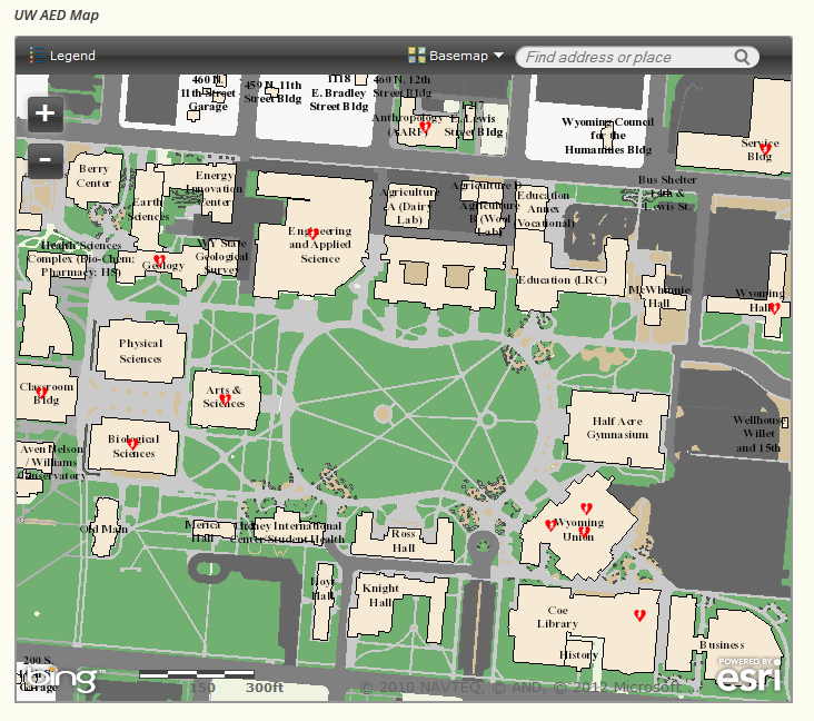 A screenshot of the beta version of the AED map for UW.