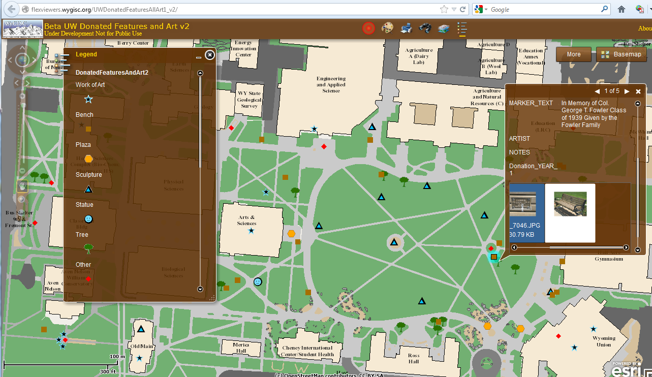 A screenshot of the Donated Features and Art mapping application for UW.