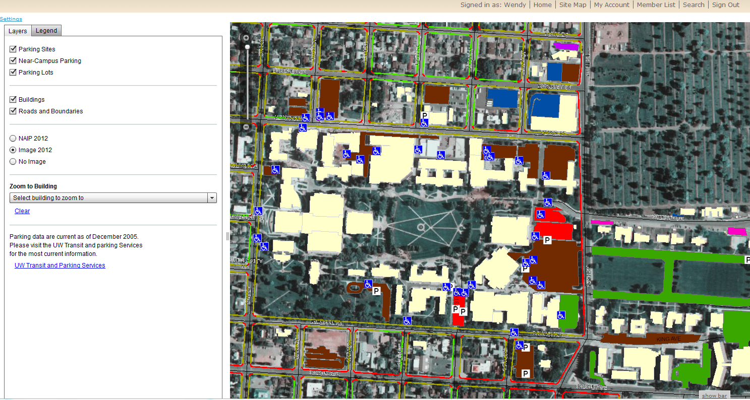 A screenshot of the beta version of the UW Campus Parking and Building Map application.